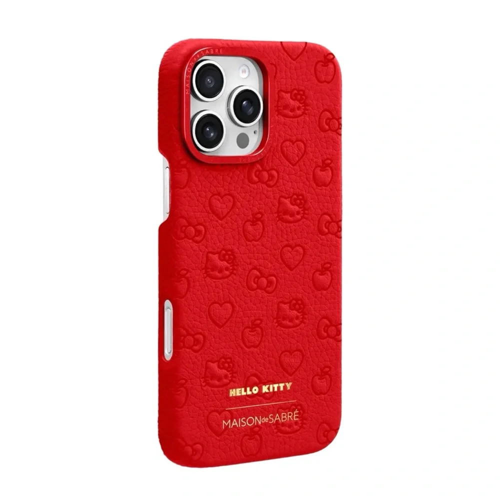 🆕 Maison de Sabré & Hello Kitty iPhone 16 Pro Case Embossed Leather–Pomegranate